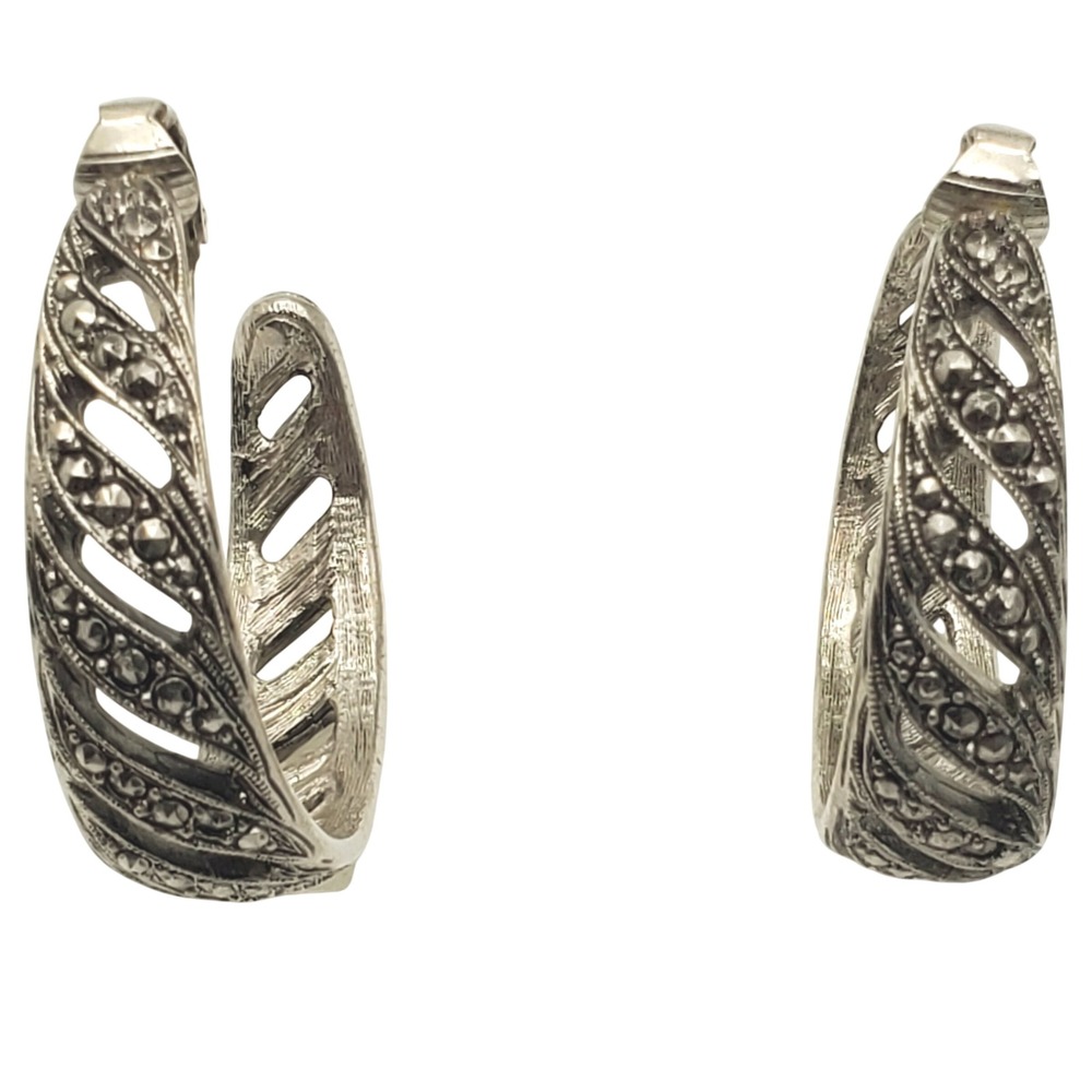 Avon Hoop Earrings Silver Tone Faux Marcasite Clip On Openwork Timeless Style 92 - Picture 2 of 7